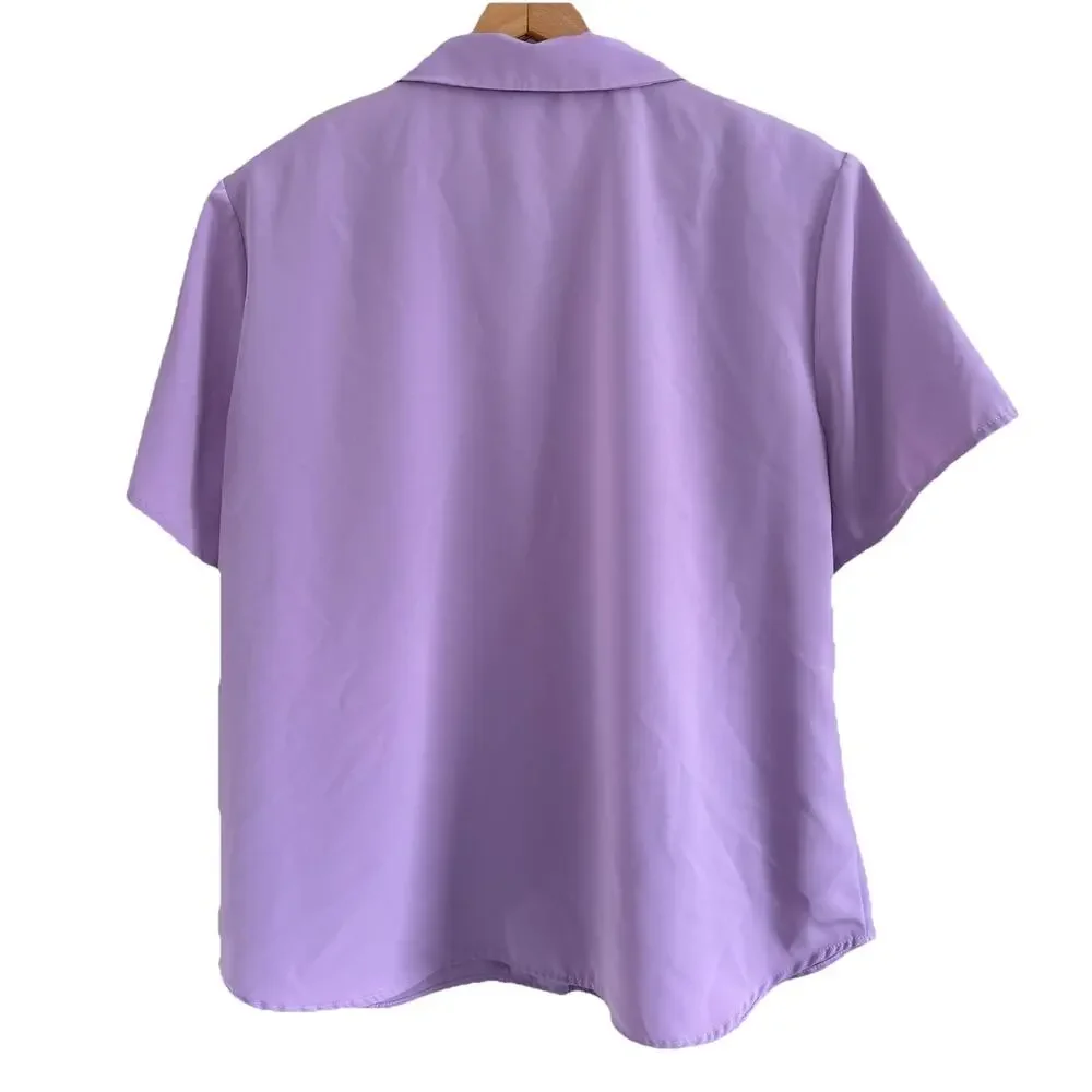 Vintage Susan Graver Style Lavender Short Sleeve Button Down Shirt Size XL